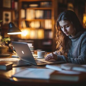 Young woman studying alone in a cozy library with a laptop and coffee