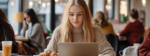 Young blonde student studying on a laptop at a busy café with a croissant and juice.