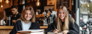Two smiling college girls studying together in a cozy coffee shop