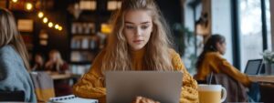 Student focused on laptop while studying at a cozy café