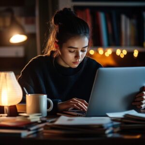 Female student working at night surrounded by textbooks and a laptop.