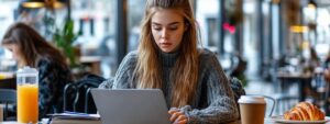 Young woman focused on laptop work at a cafe with breakfast