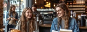 Two female students laughing with books and coffee in a cozy cafe