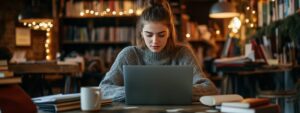 Student in warm sweater studying in decorated library with fairy lights