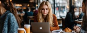 Blonde student reviewing notes and working on laptop in a busy coffee shop