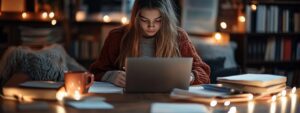 Female student studying at night with laptop and fairy lights in a cozy room.