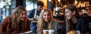 Three college students laughing and talking in a coffee shop.
