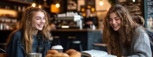 Two young women smiling during a study session in a cafe