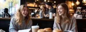 Two female students smiling and laughing over coffee at a trendy café