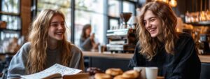 Two college students laughing and studying with notebooks and pastries in a warm café setting