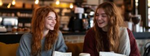 Two red-haired college girls laughing together while holding notebooks in a cozy café.