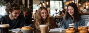 Three college students smiling and reviewing notes together in a trendy café.