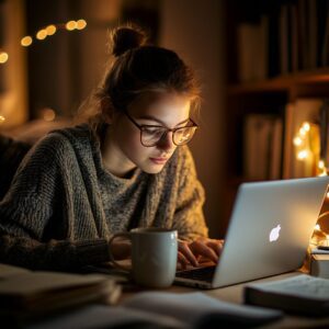 Female college student in glasses working on a laptop at night with string lights behind her.