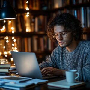 Male student with glasses studying actuarial mathematics exam problems on his laptop in a cozy library.