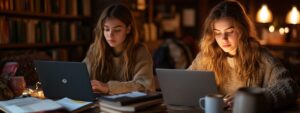 Two female students sitting in a cozy library, working on laptops for Applied Math exam prep.