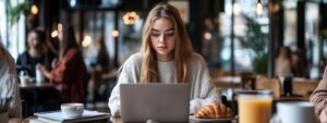 Student in café focused on laptop while preparing for Abstract Algebra exam.