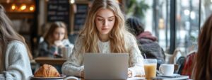 Blonde female student studying on a laptop at a café with juice and coffee