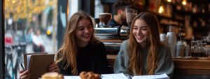 Two female students laughing in a cafe with notebooks and pastries in front of them.