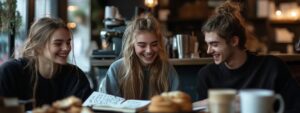 Three college students laughing together in a café with notebooks on the table.
