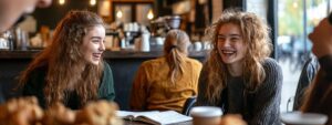 Two college students laughing together in a cozy coffee shop with notebooks open.