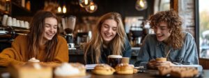 Three college students laughing together in a café with coffee and pastries on the table.