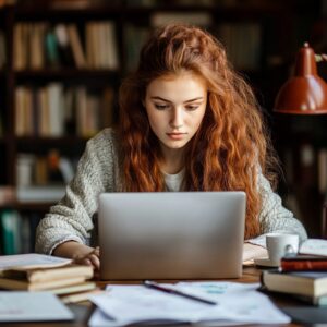 Red-haired student working on a laptop surrounded by books and notes in a study setting.