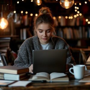 Student in a library with laptop and open books preparing for an exam.