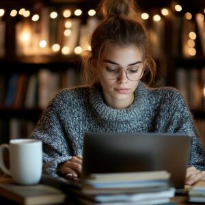 A female student wearing glasses studying at night with books and a laptop.