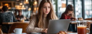 Young woman in a beige sweater concentrating on her laptop with juice and books nearby.