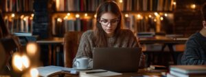 Female college student wearing glasses studying on a laptop in a cozy library.