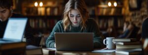 A college student in a green sweater working on a laptop in a dim library.