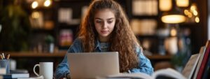 College student with curly hair smiling slightly while studying on laptop in a study lounge.