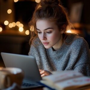 A student with a bun wearing a sweater, focused on her laptop at night with soft lights in the background.