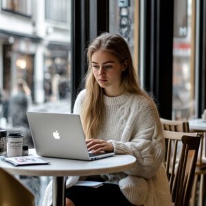 Young woman in cozy sweater typing on a laptop at a café table with coffee nearby