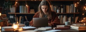 College student in a brown sweater typing on a laptop with books spread across the table.