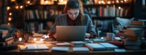 College student surrounded by books while working on a laptop in a warmly lit library.