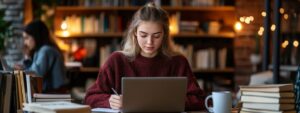 Female student wearing a red sweater focusing on her laptop while preparing for a discrete math exam in a library.