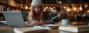 Student wearing a beanie working on notes with a laptop in a cozy study space.
