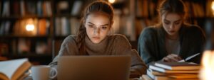 Two girls intensely studying in a library at night.