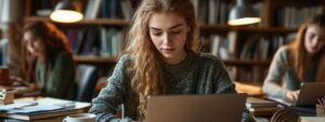 Blonde college student studying in a library setting with other students nearby.