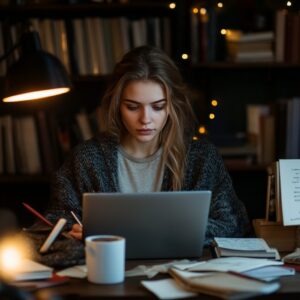 College student concentrating on a laptop with books and notes on a desk.