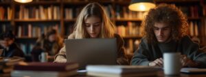 Two college students in a library preparing for a functional analysis exam with laptops.