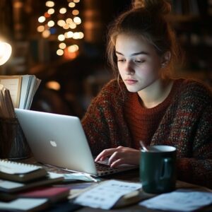 A college student working late at night on a laptop with study notes scattered.