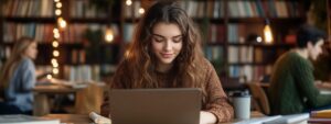 Student smiling while typing on a laptop in library preparing for technical mathematics exam.