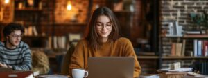 Young woman in glasses working on a laptop with coffee, studying for an exam.