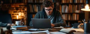 Two college students studying decision theory together at a desk with laptops and notes.