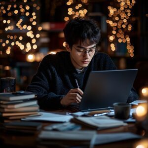 A student with glasses working late at night on a laptop surrounded by books.