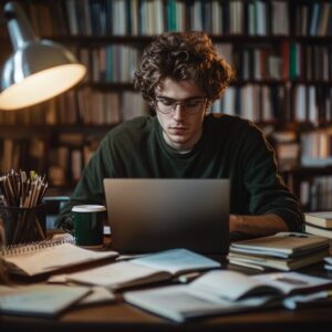 Student with glasses concentrating on laptop while preparing for a technical mathematics exam.