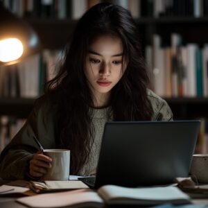 Female college student studying Abstract Algebra at night with laptop and coffee.