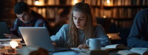 Female student in a library at night, studying with a laptop and open books.